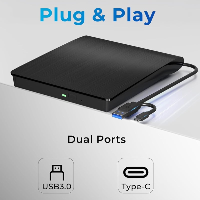 MthsTec External CD/DVD Drive, USB 3.0 & Type-C CD/DVD Disc Reader Writer, CD ROM +/-RW External CD Player, Portable CD Burner for Laptop Desktop PC Mac Windows Linux (Black) - Image 3